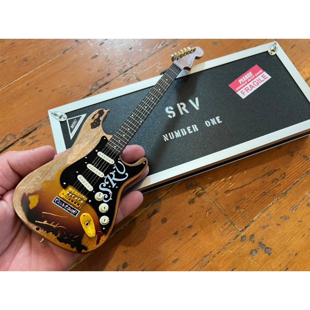 Axe Heaven mini guitar SRV Number One replica in black sunburst with stand