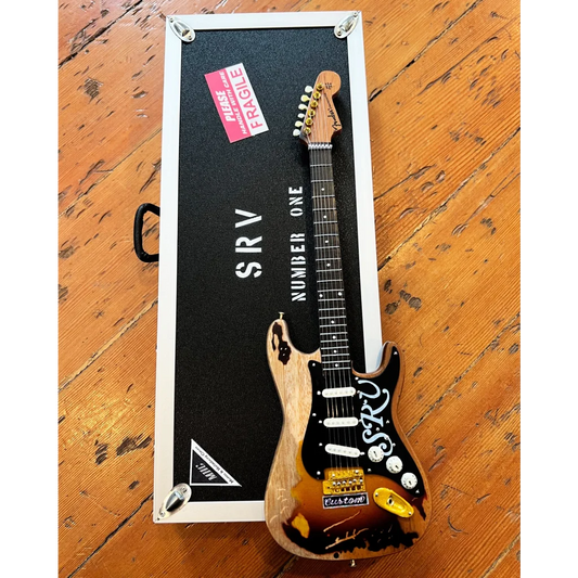 Axe Heaven mini guitar SRV Number One replica with sunburst finish and adjustable A-frame stand