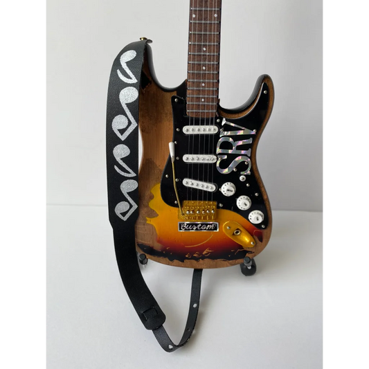 Axe Heaven mini guitar strap with 3D SRV Stratocaster sunburst model