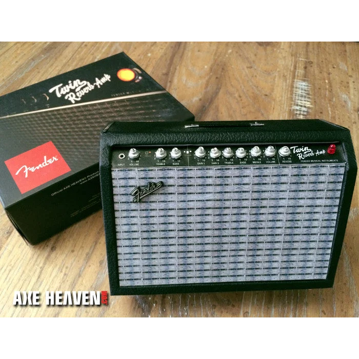 Axe Heaven Miniature Fender Twin Reverb Amp Replica with black knobs, speaker grill, and adjustable A-Frame stand