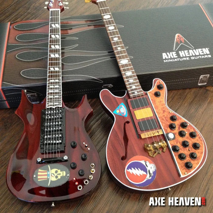 Axe Heaven® Miniature Grateful Dead guitar with cherry wood, black hardware, patches, and adjustable A-frame stand