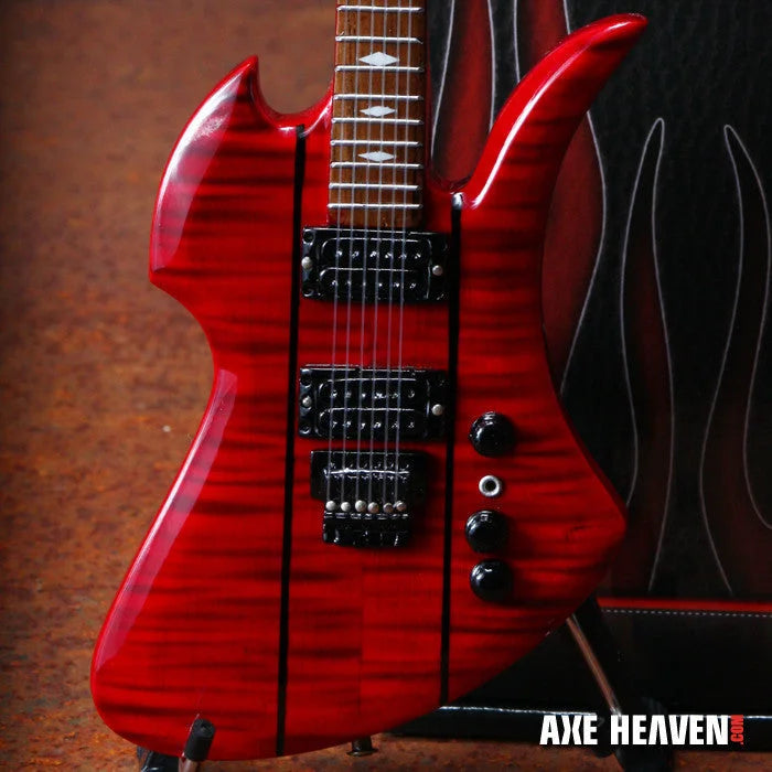 Red Axe Heaven miniature guitar replica of flame maple SG with stand