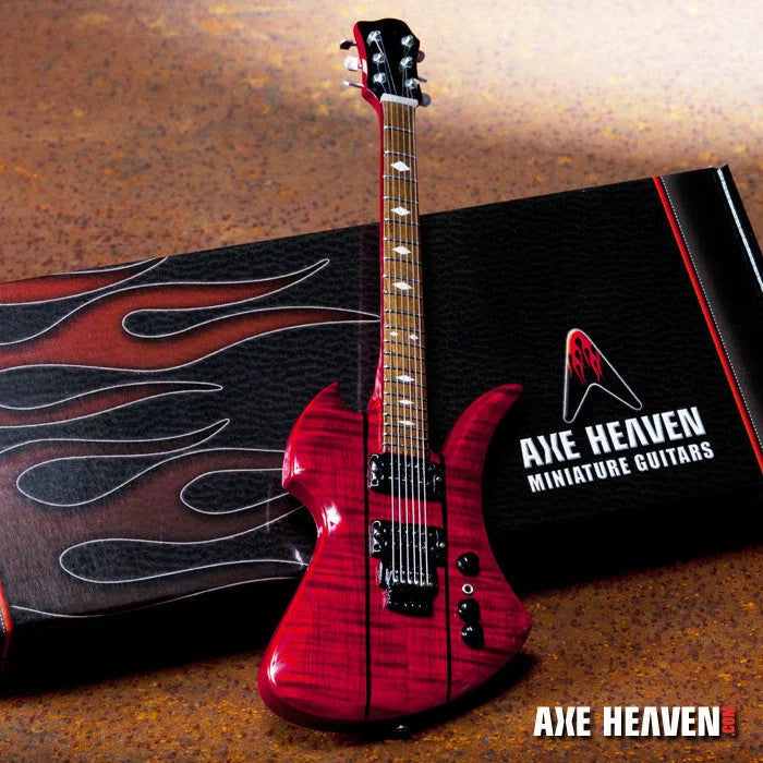 Red Axe Heaven miniature guitar replica with flame design and adjustable A-Frame stand