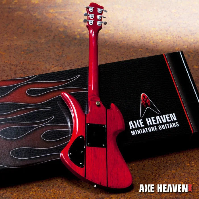 Red flame Axe Heaven miniature guitar replica on adjustable A-Frame stand