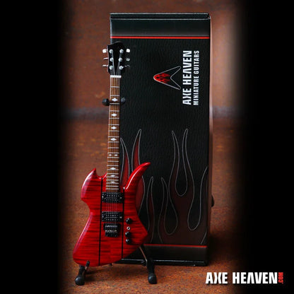 Red Axe Heaven miniature guitar replica with flame design and adjustable A-Frame stand