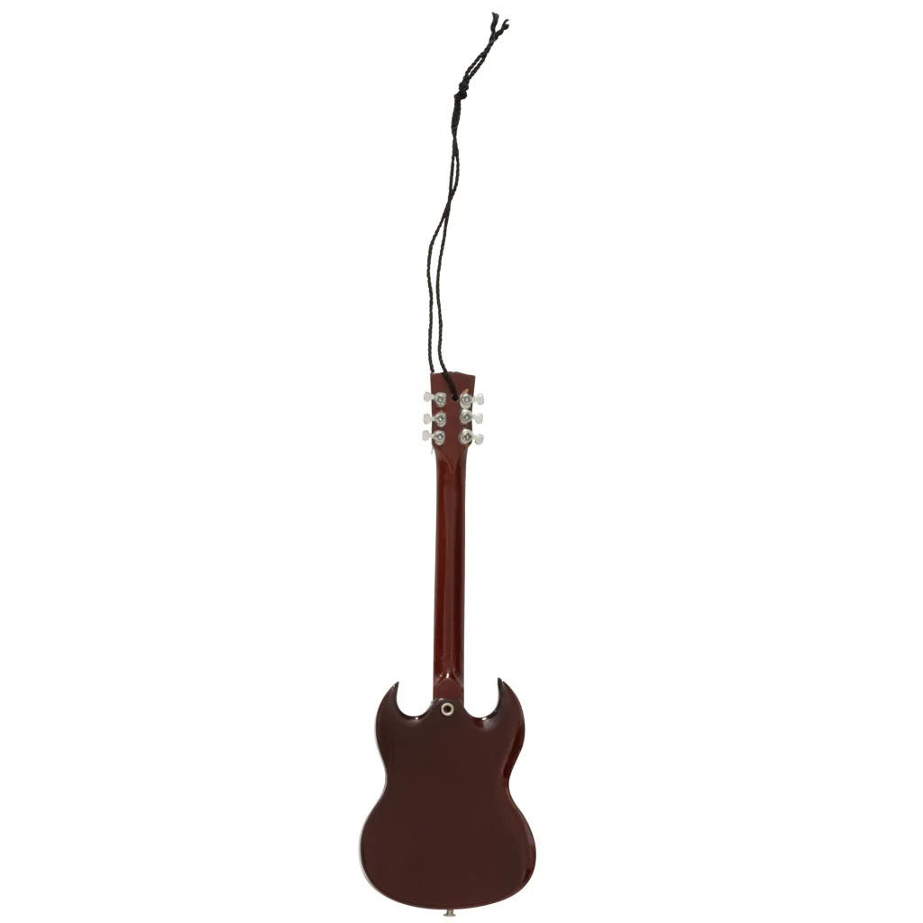Axe Heaven® Miniature Replica Gibson SG holiday ornament: brown electric guitar with white strings and pegs hanging by string
