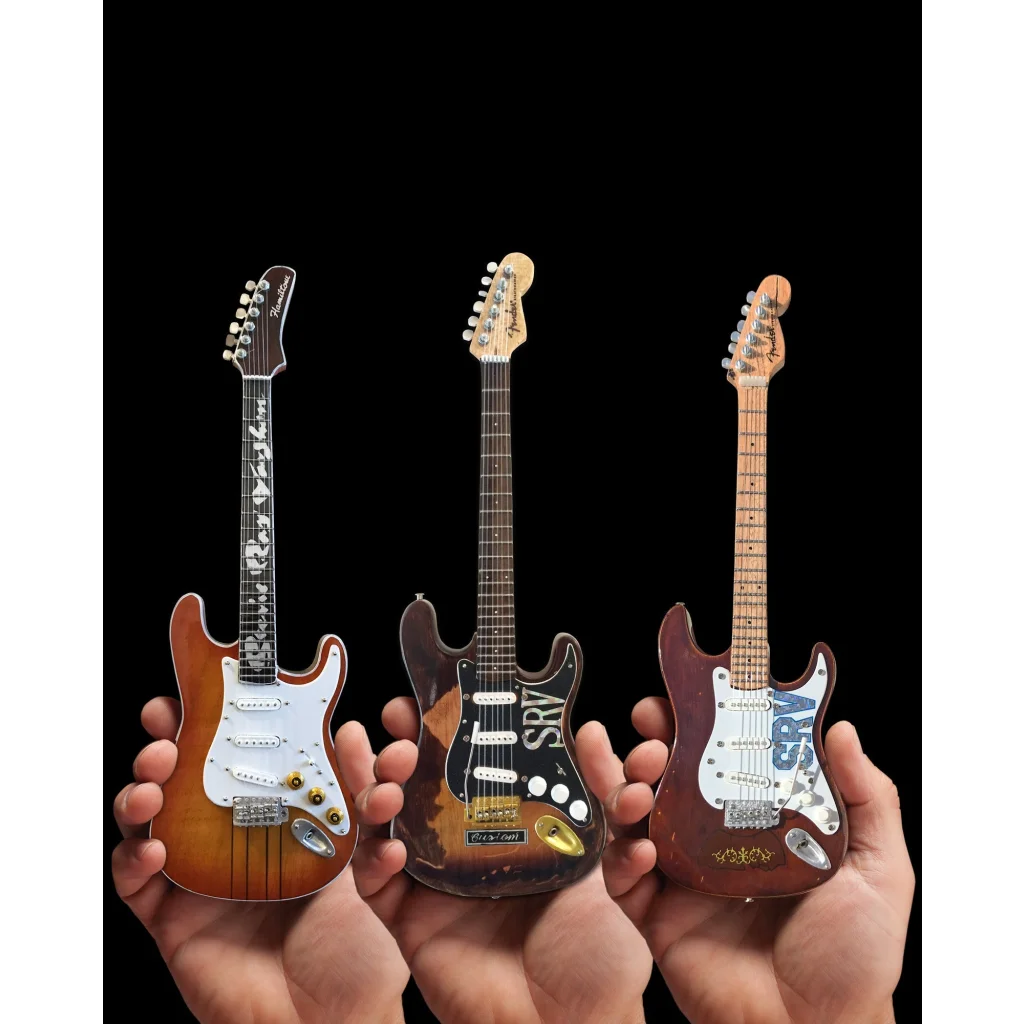 Axe Heaven® Miniature SRV Fender Strat mini guitars in sunburst, black, brown