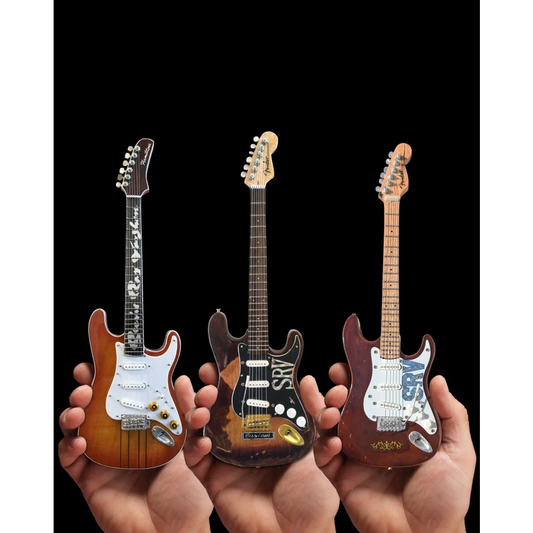Axe Heaven® Miniature SRV Fender Strat mini guitars in sunburst, black, brown