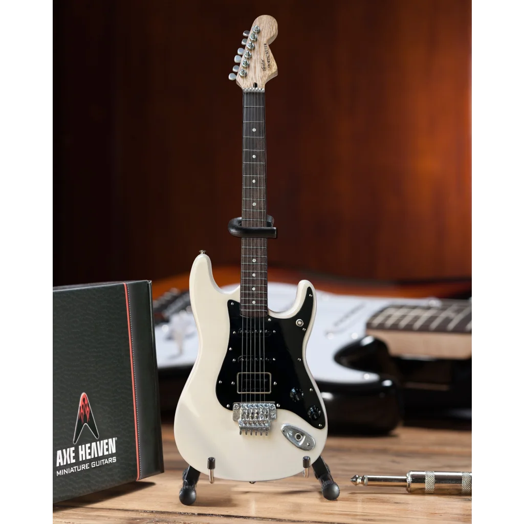 Axe Heaven Officially Licensed Rush white mini guitar on adjustable A-frame stand