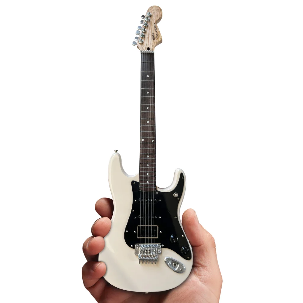 Miniature white Fender guitar with black accents, Axe Heaven officially licensed with adjustable A-Frame stand