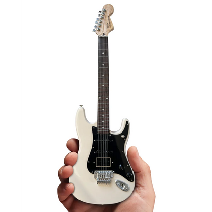 Miniature white Fender guitar with black accents, Axe Heaven officially licensed with adjustable A-Frame stand