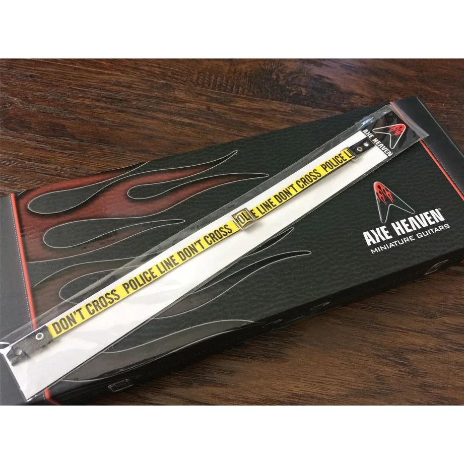 Axe Heaven Police Line Mini Guitar Strap with black yellow pick holder