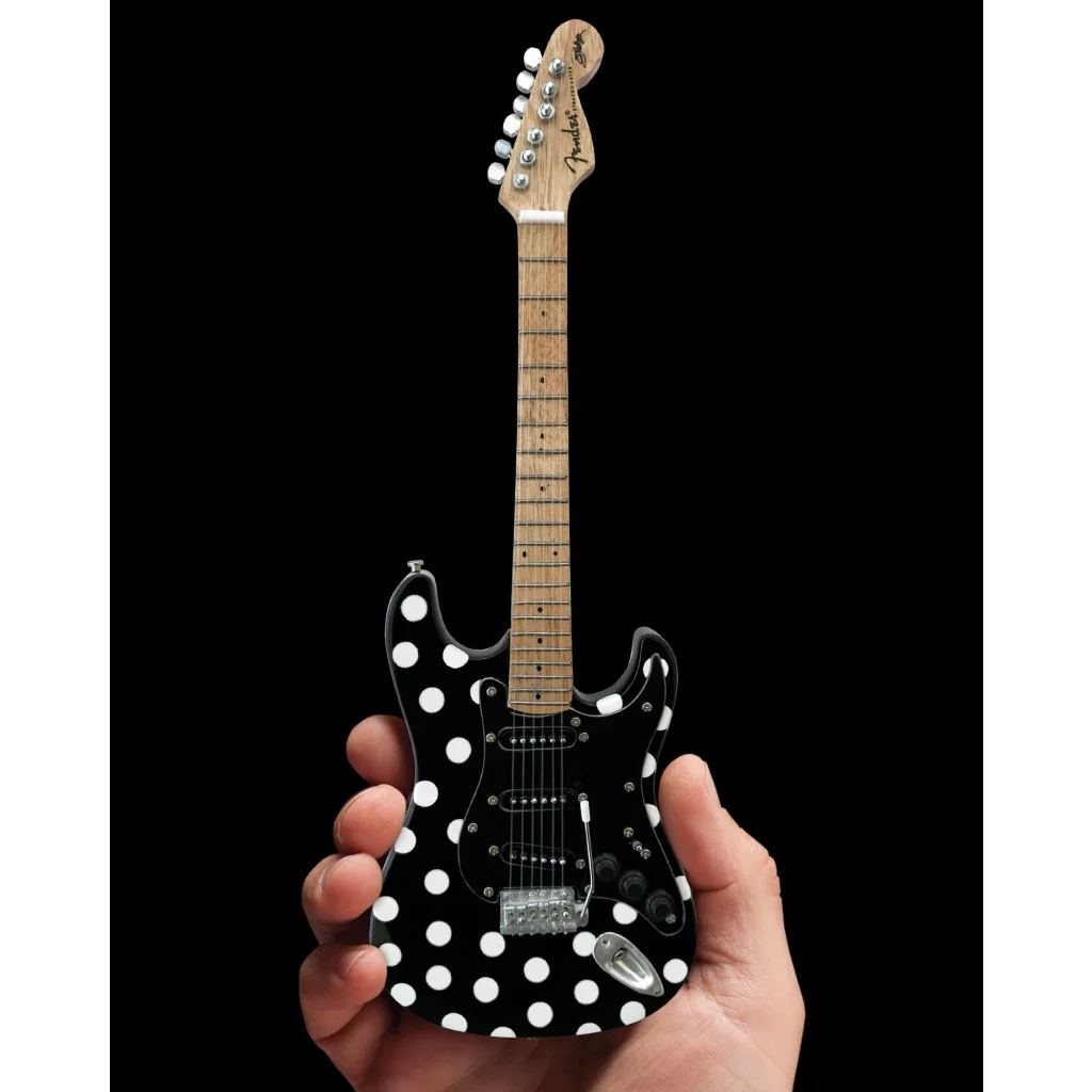 Black and white polka dot Axe Heaven® Buddy Guy Strat guitar with adjustable A-Frame stand