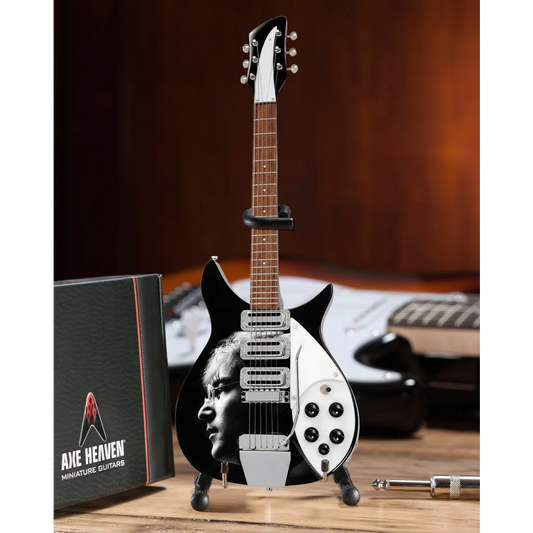 Black and white Axe Heaven® John Lennon Rickenbacker guitar mini replica with stand
