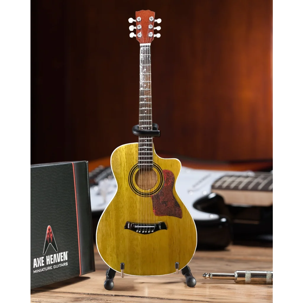 Mini Axe Heaven® yellow acoustic guitar on adjustable A-frame stand