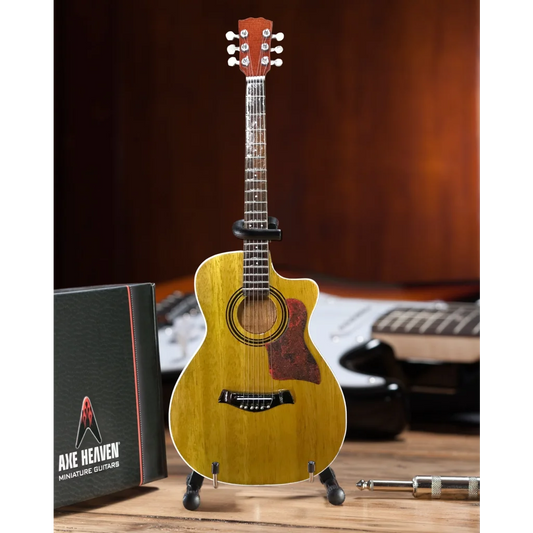Mini Axe Heaven® yellow acoustic guitar on adjustable A-frame stand
