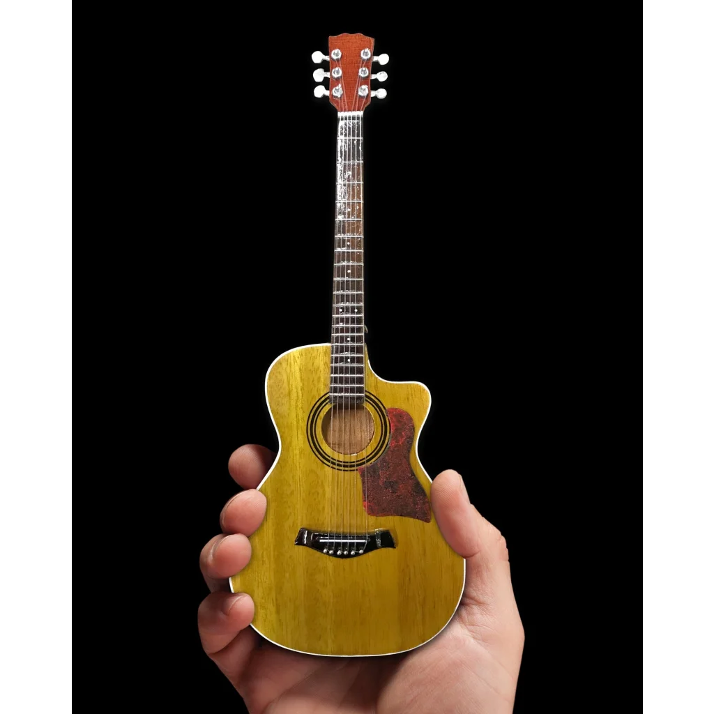 Mini Axe Heaven® yellow acoustic guitar replica on adjustable A-frame stand