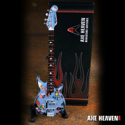Axe Heaven Rat Rod mini blue guitar with cartoon flames and adjustable A-frame stand