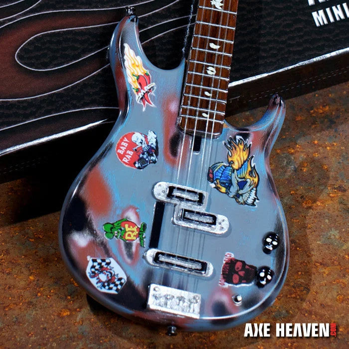 Axe Heaven Rat Rod mini guitar with colorful stickers, metallic finish, adjustable A-Frame stand