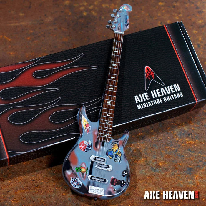 Axe Heaven Rat Rod mini guitar with stickers, silver body, and adjustable A-frame stand