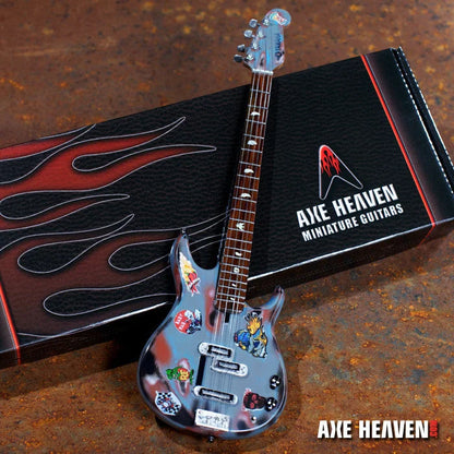 Axe Heaven Rat Rod mini guitar with stickers, silver body, and adjustable A-frame stand