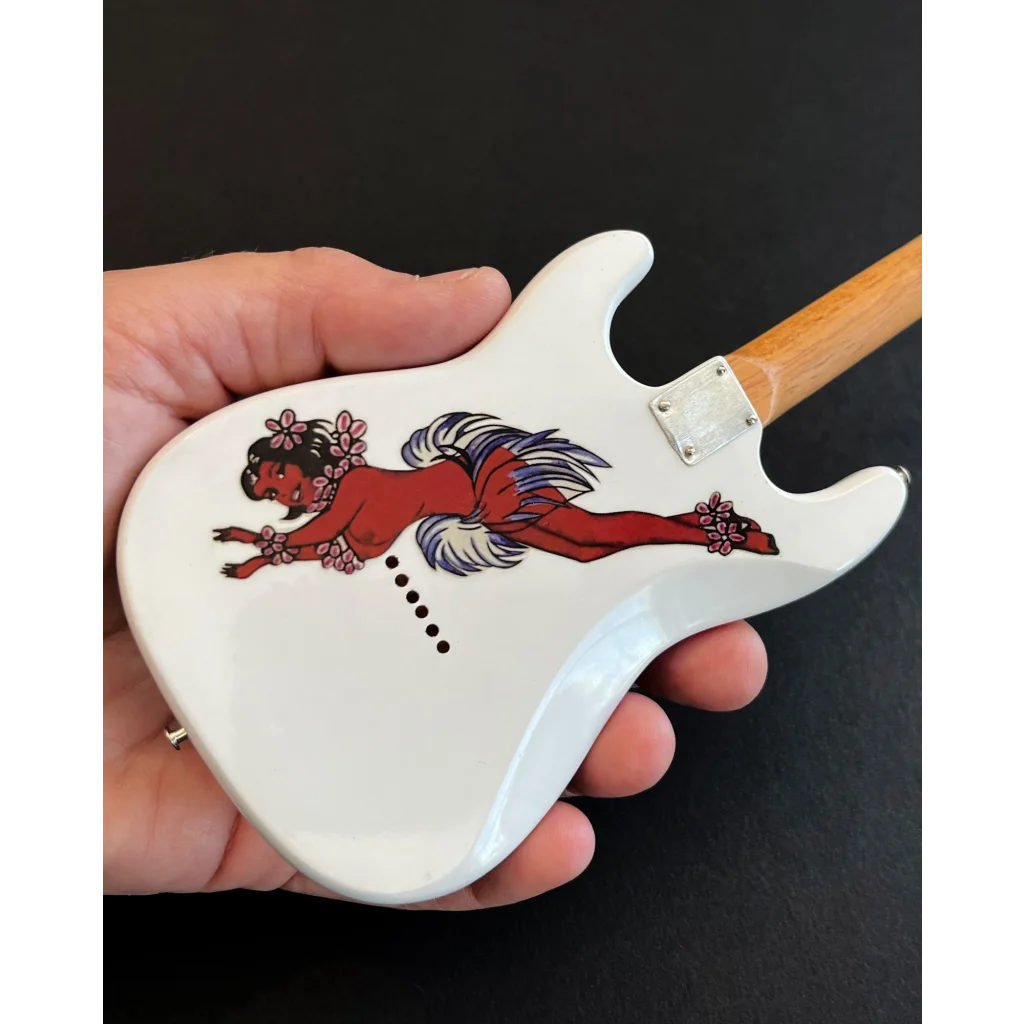 Axe Heaven Stevie Ray Vaughan mini guitar with woman graphic and adjustable A-frame stand