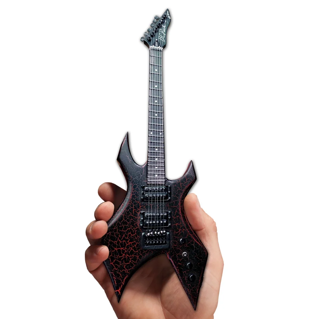 Black and red Axe Heaven® Eddie Warlock guitar replica on adjustable A-frame stand