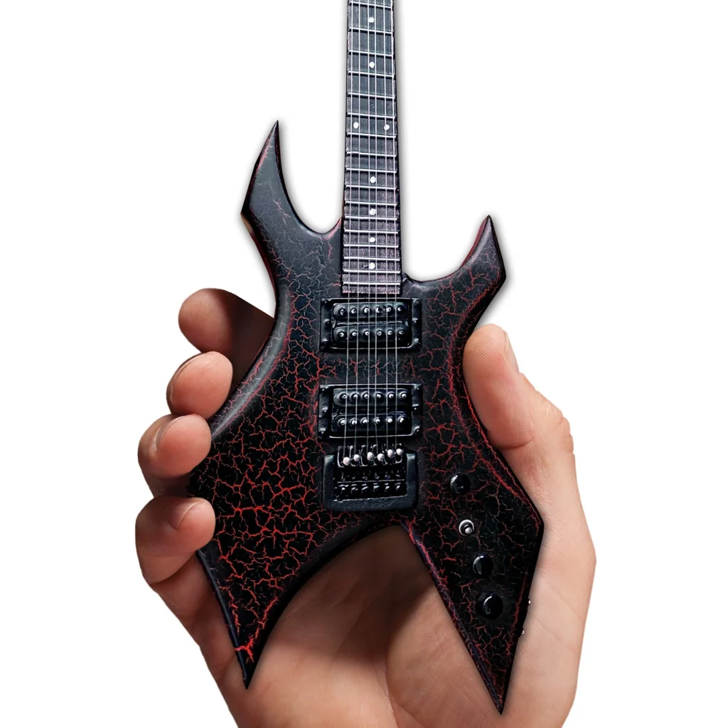 Black and red Axe Heaven Eddie Warlock guitar replica on adjustable A-Frame stand
