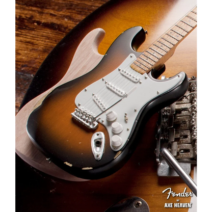 Axe Heaven 2-tone sunburst Fender Strat mini guitar with adjustable A-frame stand