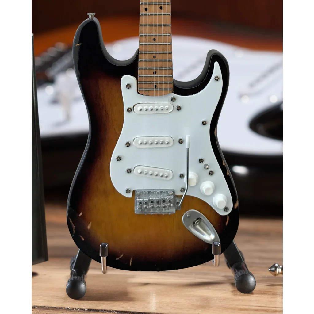 Axe Heaven 3-color sunburst Fender Strat mini guitar model with adjustable A-frame stand