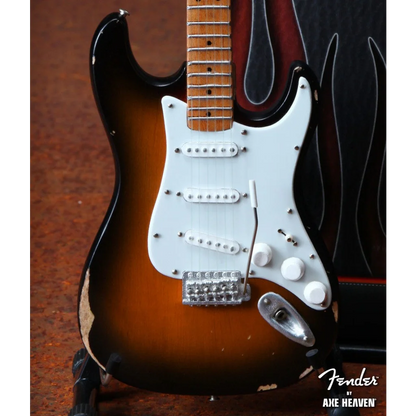 Axe Heaven sunburst Fender Strat mini guitar with adjustable A-frame stand