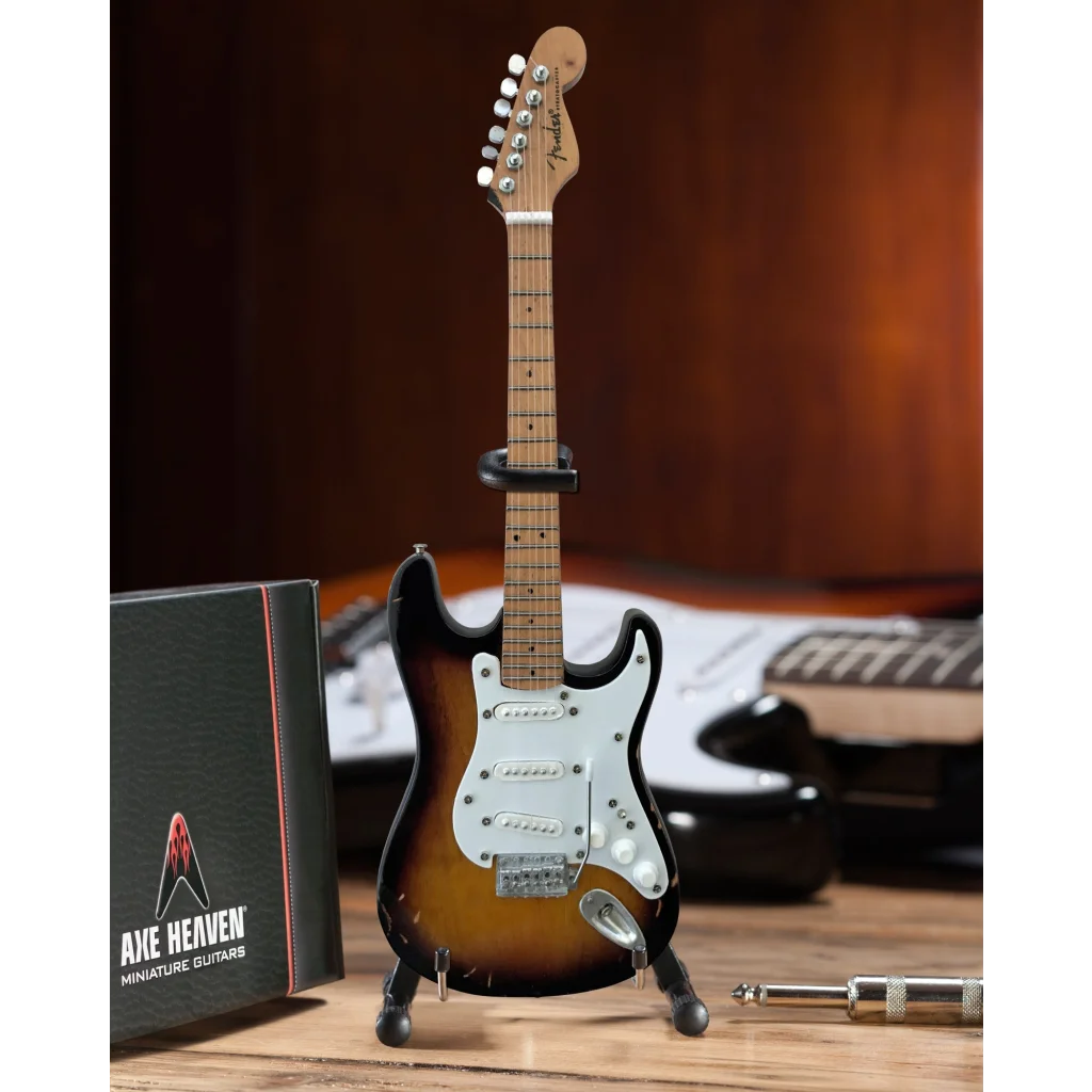 Axe Heaven sunburst Fender Strat mini guitar on adjustable A-frame stand