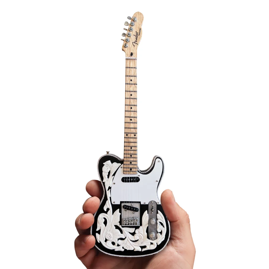 Axe Heaven Waylon Jennings floral Telecaster mini guitar replica on adjustable A-frame stand