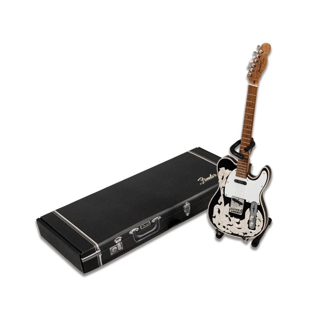 White Axe Heaven Waylon Jennings floral Telecaster mini guitar in black case