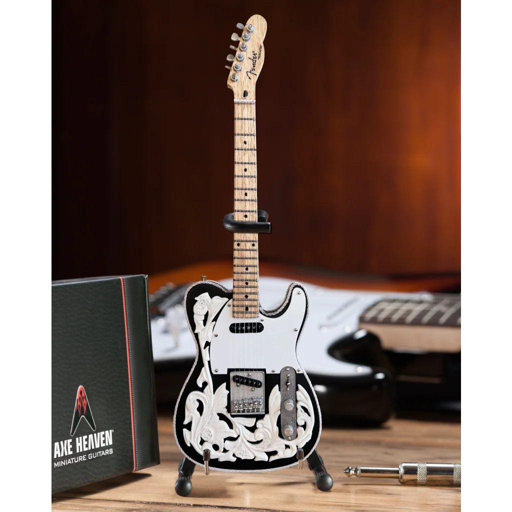 Axe Heaven Waylon Jennings floral Telecaster mini guitar on adjustable A-frame stand