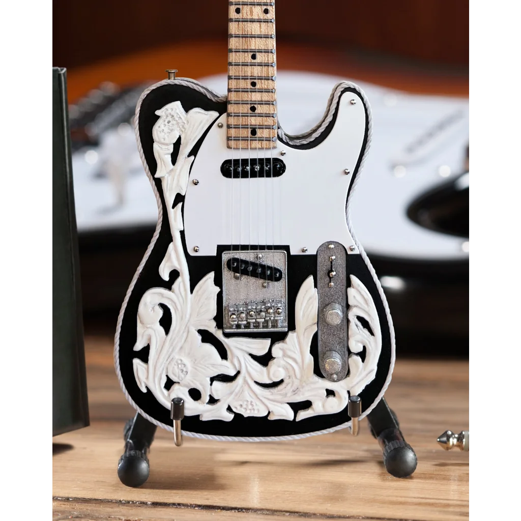 Axe Heaven Waylon Jennings floral Telecaster mini guitar on adjustable A-frame stand