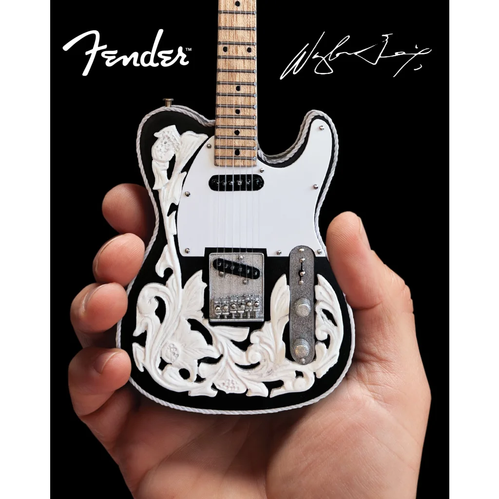 Axe Heaven Waylon Jennings floral Telecaster mini guitar replica on adjustable A-Frame stand