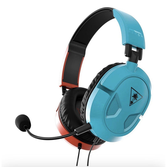 Turtle Beach Recon 50 gaming headset in turquoise blue and red, shown from the right side angle with attached microphone boom.