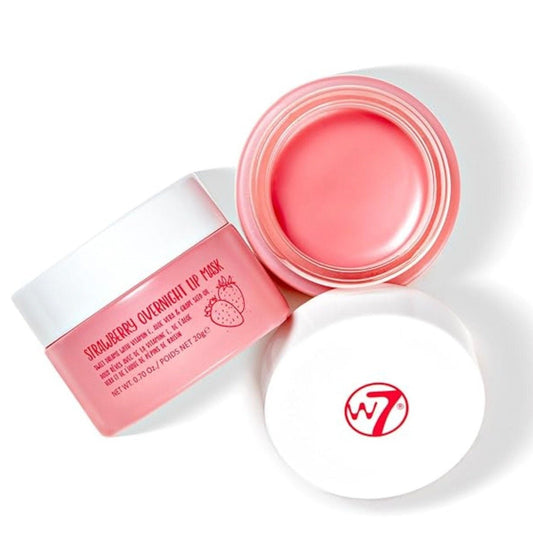 W7 Strawberry Overnight Lip Mask displayed open from above showing pink gel texture inside clear jar with white lid.
