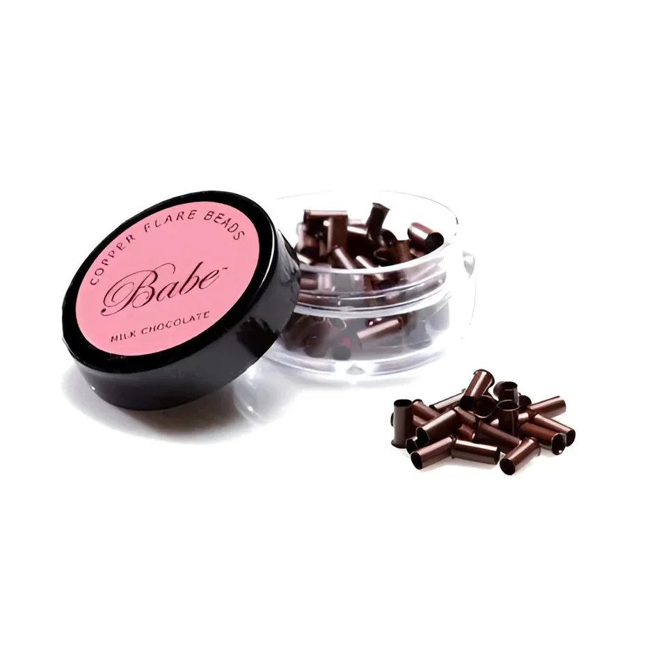 Jar of brown babe flare beads for gentle hair extension attachment