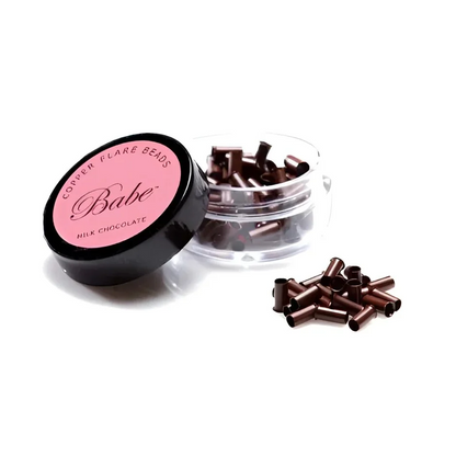 Jar of brown babe flare beads for gentle hair extension attachment