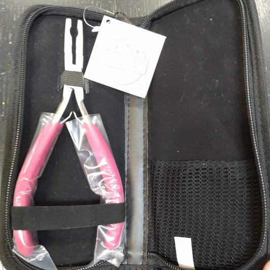 Babe pink plier with pink handles and silver tips in black zip case