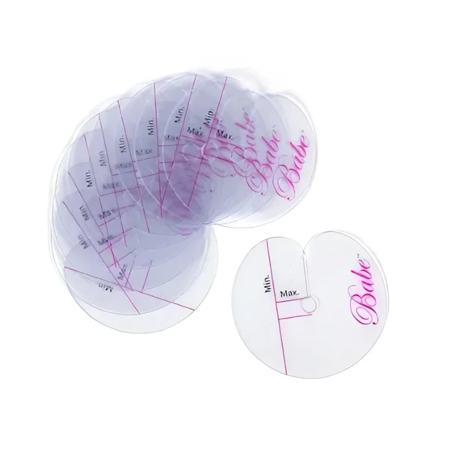 Stack of clear Babe Protector Disks with measurement marks and Babe logo for fusion extensions