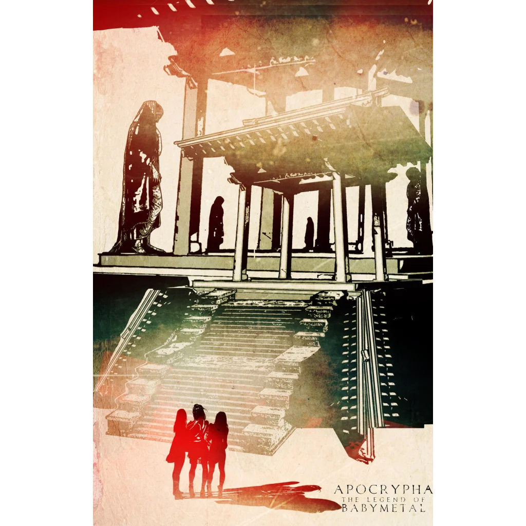 Stylized poster for babymetal deluxe edition apocrypha the legend featuring dramatic silhouettes and muted architectural tones by gmb chomichuk 9x15
