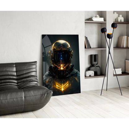 Futuristic gold astronaut helmet glass wall art with neon glow