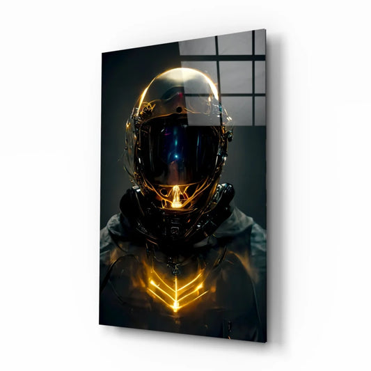 Futuristic Gold Astronaut Helmet Glass Wall Art with Neon Glow | Insigneart USA | vintageantiquesgifts.com
