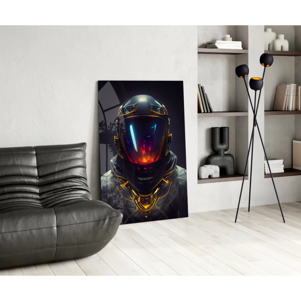 Futuristic astronaut helmet glass wall art with neon blue orange glow