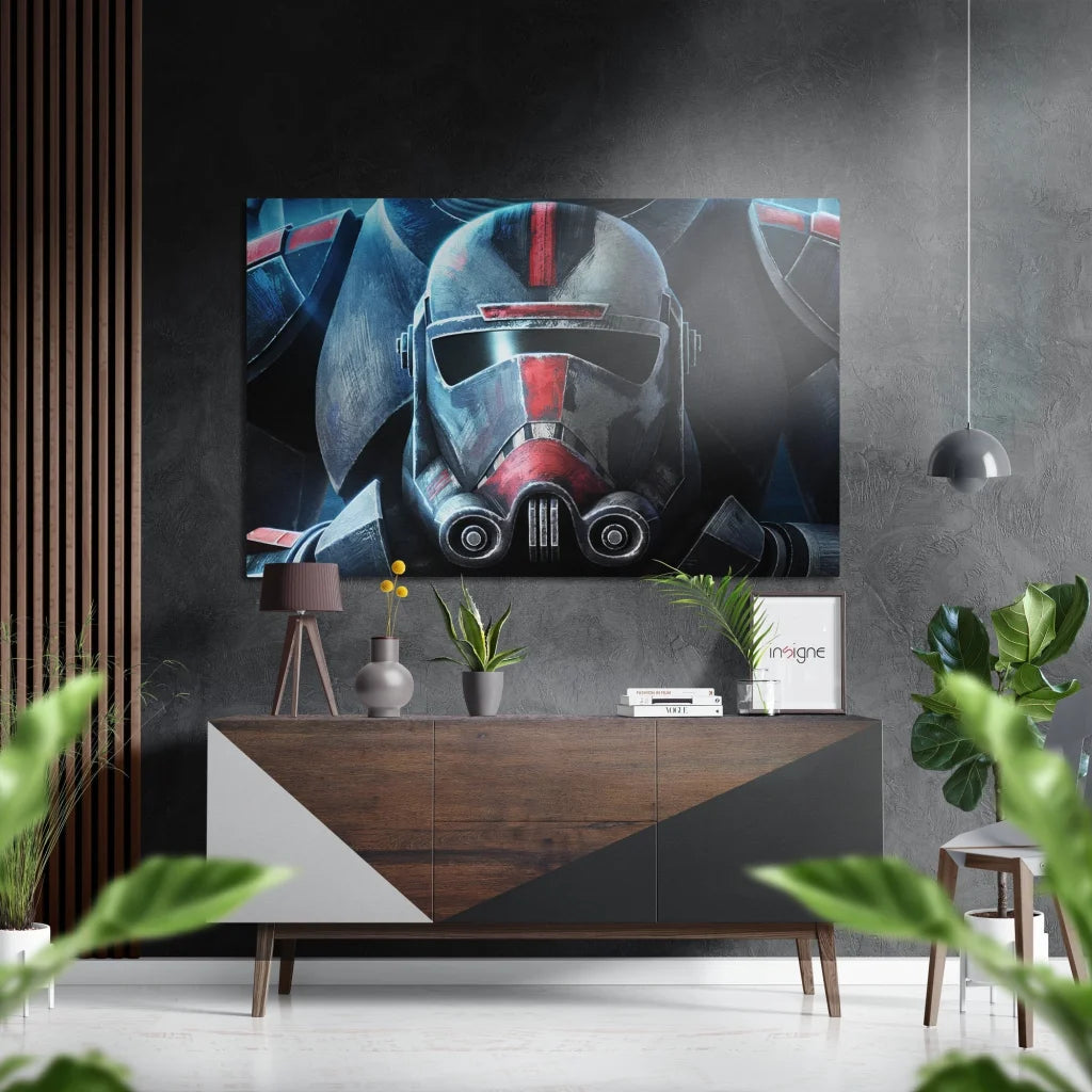 Striking black and red Star Wars clone trooper helmet on brushed aluminium dibond print