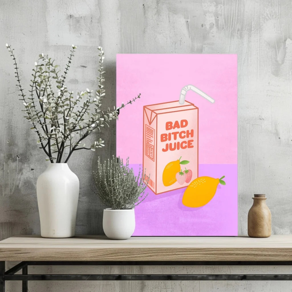 Bad Bitch Juice Box aluminum print with vibrant pink background and bold orange carton design