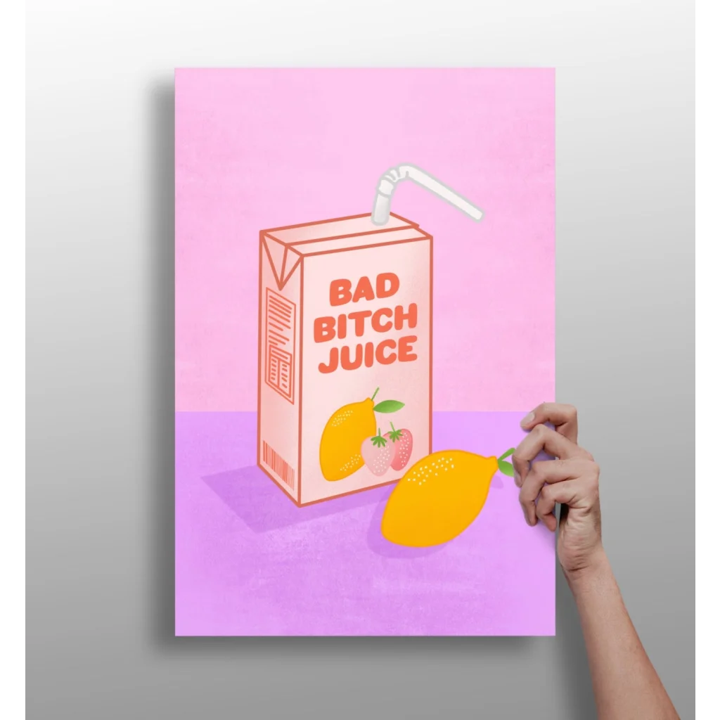 Bad Bitch Juice Box aluminum print with lemon illustration, pink background, white straw